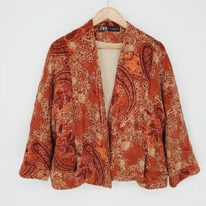 Zara Womens Rust Orange Paisley Print Quilted Boho Oversized Jacket Blazer Sz S